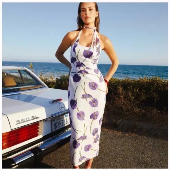 Reformation Yana Linen Dress  Purple Floral Print (Size 12)
